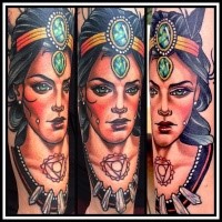 Modern style colored arm tattoo of ancient woman with jewelry