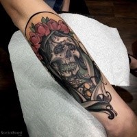 Modern style colored arm tattoo of skeleton with roses