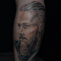 Modern style colored arm tattoo of Viking portrait