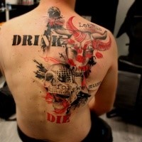 Modern style colored back tattoo of human skull with lettering