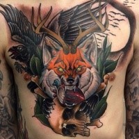 Modern style colored chest and belly tattoo of evil fox with human heart, horns and crow