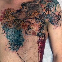 Modern style colored chest and shoulder tattoo of flying eagle and flowers