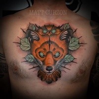 Modern style colored chest tattoo of creepy fox and leaves