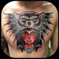Modern style colored chest tattoo of Indian woman with cool helmet