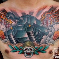 Modern style colored chest tattoo of train with burning city and skull