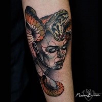 Modern style colored forearm tattoo of mysterious woman with snake
