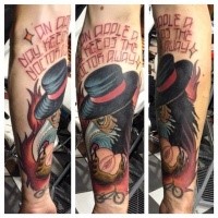 Modern style colored forearm tattoo of plague doctor with lettering