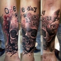 Modern style colored forearm tattoo of human skull part with lettering