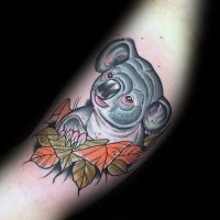 Modern style colored forearm tattoo of cute koala bear with leaves