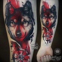Modern style colored forearm tattoo of wolf head with compass
