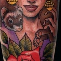 Modern style colored gypsy woman portrait tattoo on arm stylized with flowers and small animal