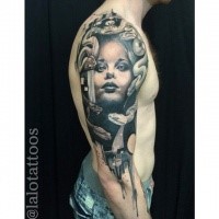 Modern style colored half sleeve tattoo of Medusa head with snakes