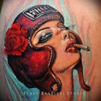 Modern style colored leg tattoo of seductive smoking boxer woman portrait