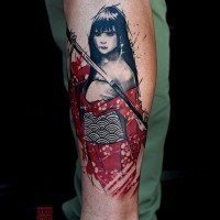 Modern style colored leg tattoo of Asian geisha with sword