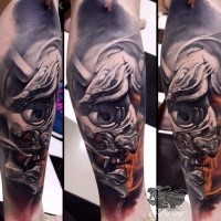 Modern style colored leg tattoo of demonic samurai mask