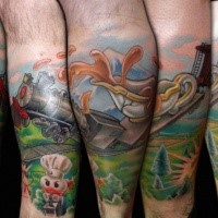 Tatuaggio di gamba colorata in stile moderno del crash del treno fantasy