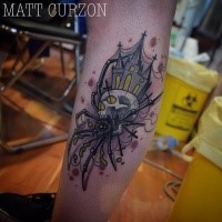 Modern style colored leg tattoo of human skull with spider legs and old church