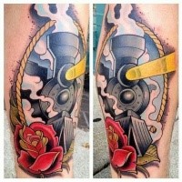 Modern style colored leg tattoo of train with flower