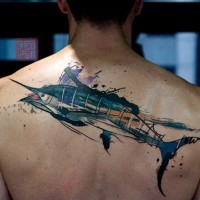 Modern style colored massive upper back tattoo of ocean fish