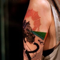 Modern style colored mathematical tattoo on shoulder combined with black ink lion head