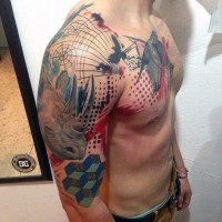 Modern style colored shoulder and chest tattoo of geometrical figures with eagle and rhino