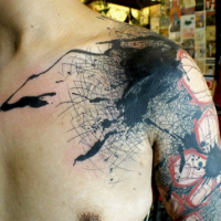 Modern style colored shoulder tattoo of mystical pictures