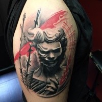 Modern style colored shoulder tattoo of creepy woman with barbed wire