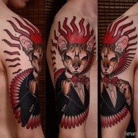Modern style colored shoulder tattoo of gentleman cat with ornaments
