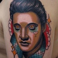 Modern style colored shoulder tattoo of creepy Elvis face