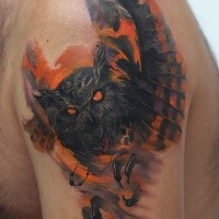 Modern style colored shoulder tattoo of mystical owl