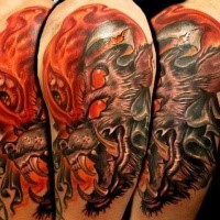 Modern style colored shoulder tattoo of demonic hell dog