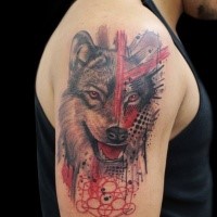 Modern style colored shoulder tattoo of big wolf with various ornaments