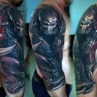 Modern style colored shoulder tattoo of big Predator