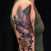 Modern style colored shoulder tattoo of fox with flower