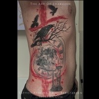 Modern style colored side tattoo of human skull with crows and clocks