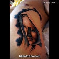 Modern style colored side tattoo of saint woman portrait