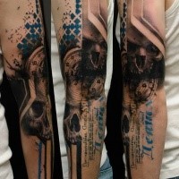 Modern style colored sleeve tattoo of human skull with clock and lettering