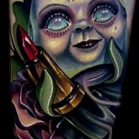 Modern style colored tattoo of creepy doll head with lipstick
