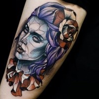 Modern style colored tattoo of demonic woman with flowers