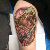 Modern style colored tattoo of demonic bear with human skull