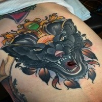 Modern style colored tattoo of evil black panther and jewelry