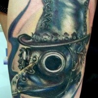 Modern style colored tattoo of plague doctor on thigh