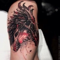 Modern style colored tattoo of woman with dinosaur skull