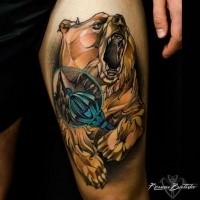 Modern style colored thigh tattoo of roaring bear with magic staff
