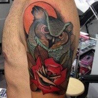 Modern style colored upper arm tattoo of big owl with rose and sun