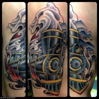 Modern style colored upper arm tattoo of fantasy train