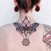 Modern style colored  upper back tattoo of big butterfly with geometrical ornaments