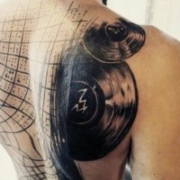 Modern style colored vinyl records tattoo on whole back