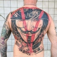 Modern style colored whole back tattoo of Antimonous man with lettering
