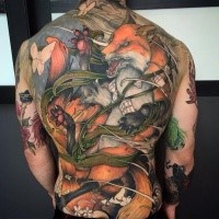 Modern style colored whole back tattoo of fox warrior with butterflies